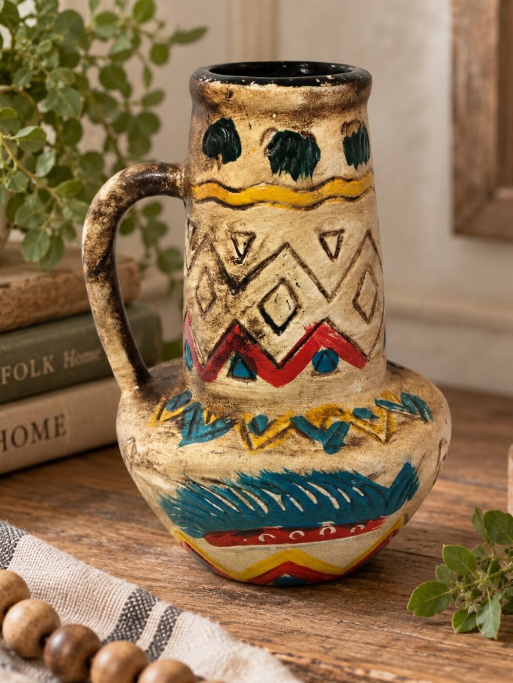Vintage Folk Art Pottery Jug Vase Hand Painted Geometric Rustic Boho 5.75"